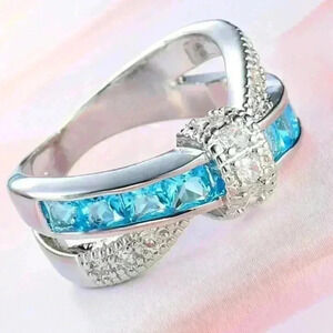 🔥925 Silver Plated Sea Blue CZ Punk Party Cocktail Ring Women, GPMB1405